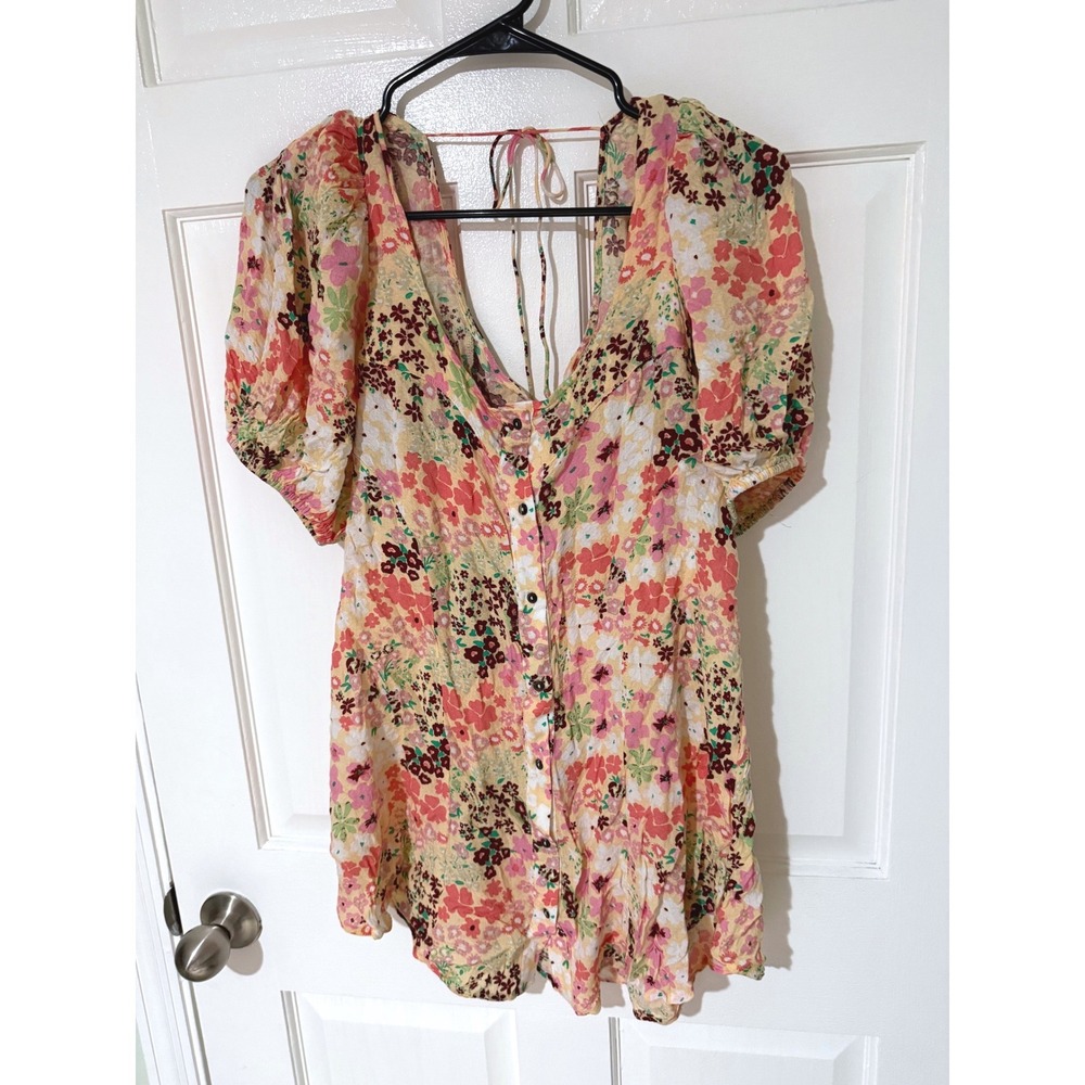 Free People Floral Puff Sleeve Button Front Mini Dress Yellow Multi OB1125219